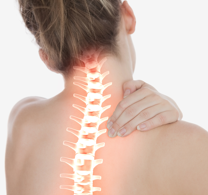 Young woman experiencing upper back pain, highlighting her spine and vertebrae for visual reference