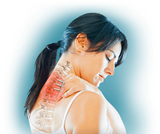 Woman experiencing upper back pain, with the painful area highlighted in red on her back